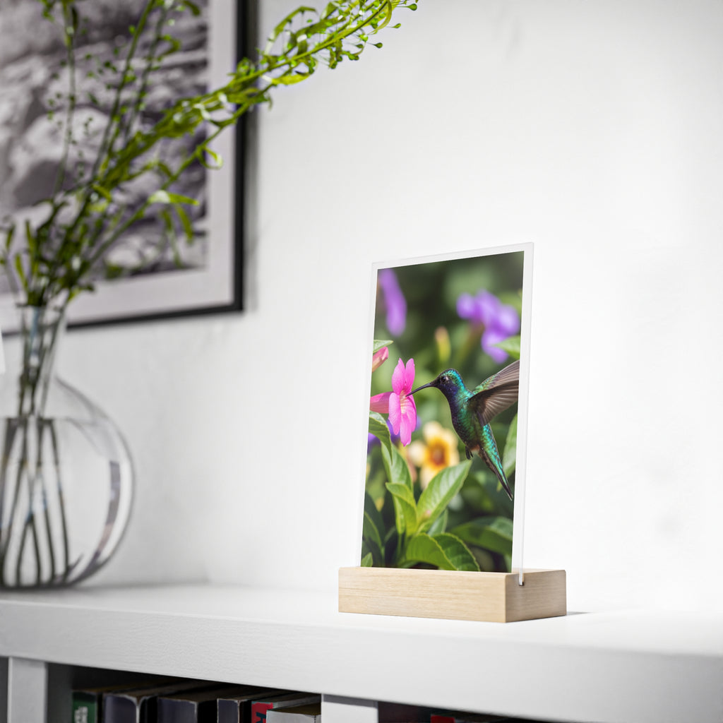 Nature-Inspired Acrylic Sign Display, Hummingbird Art Decor, Floral Home Decor, Eco-Friendly Gift, Table Centerpiece, Garden Decoration