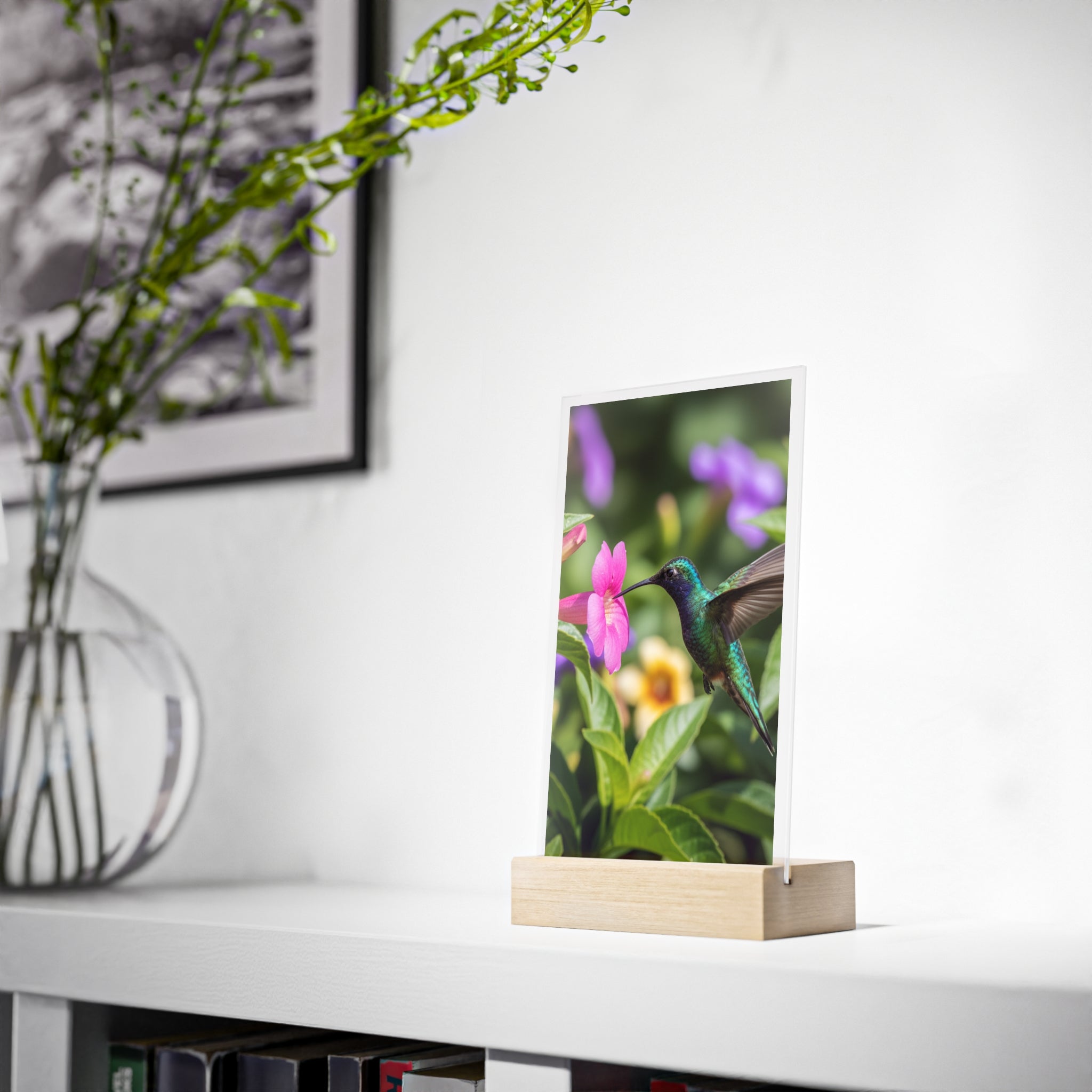 Nature-Inspired Acrylic Sign Display, Hummingbird Art Decor, Floral Home Decor, Eco-Friendly Gift, Table Centerpiece, Garden Decoration