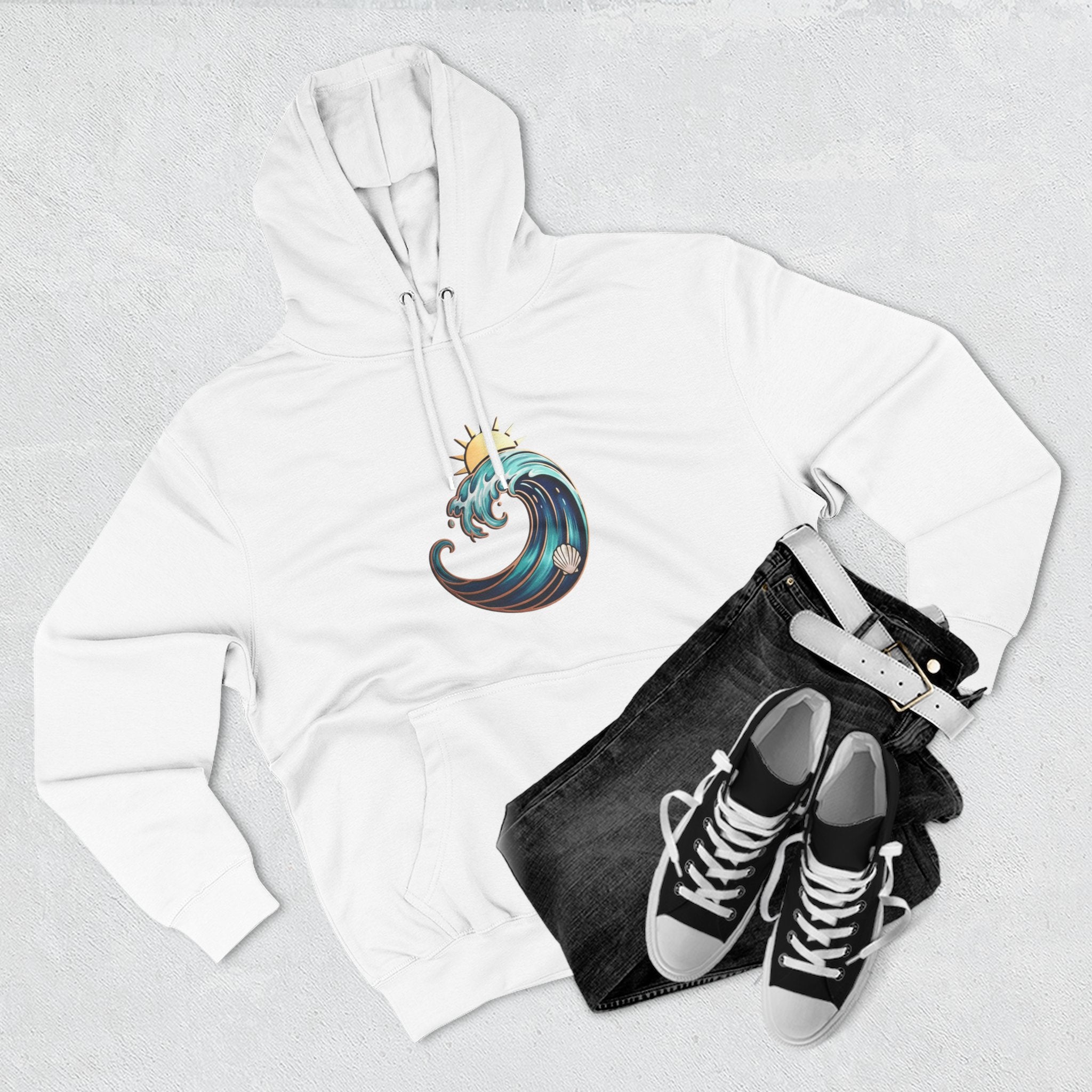 Ocean Wave and Rainbow Fleece Hoodie, Cozy Hoodie, Nature Lover Gift, Outdoor Apparel, Graphic Sweatshirt, Summer Vibes