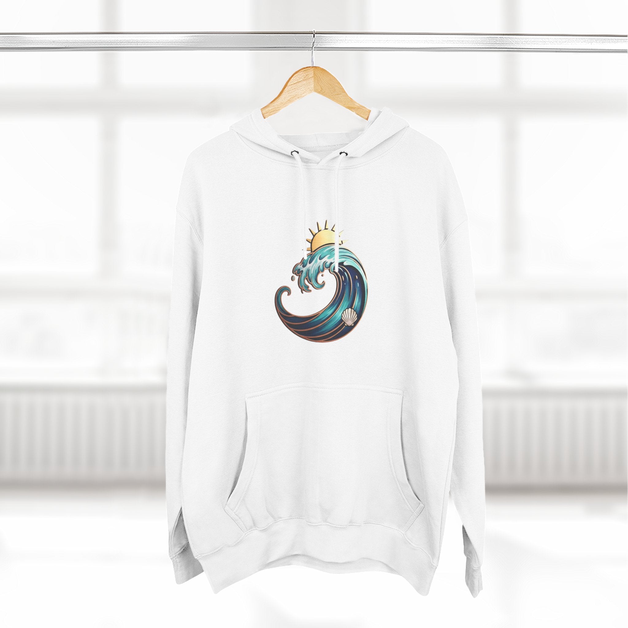 Ocean Wave and Rainbow Fleece Hoodie, Cozy Hoodie, Nature Lover Gift, Outdoor Apparel, Graphic Sweatshirt, Summer Vibes