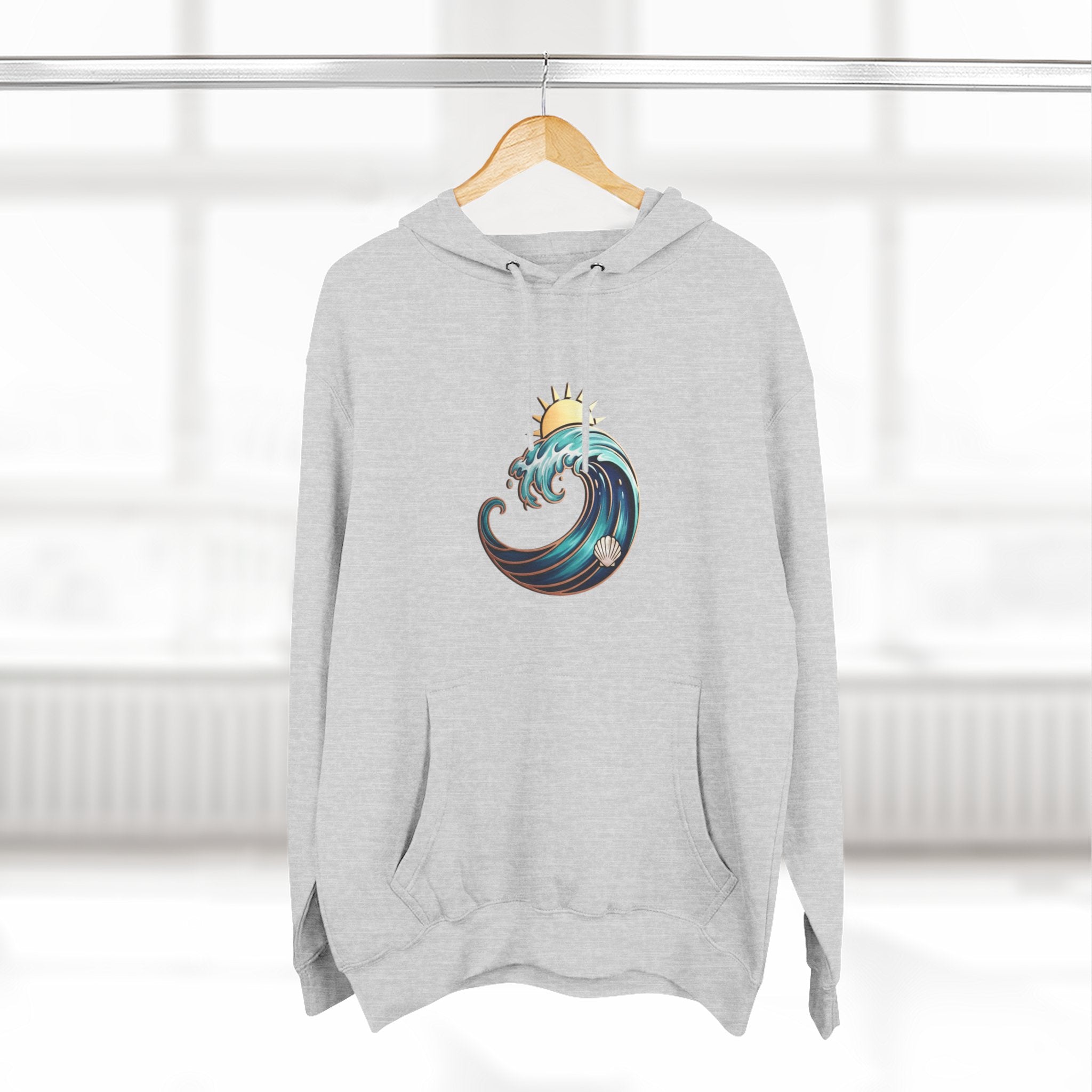 Ocean Wave and Rainbow Fleece Hoodie, Cozy Hoodie, Nature Lover Gift, Outdoor Apparel, Graphic Sweatshirt, Summer Vibes