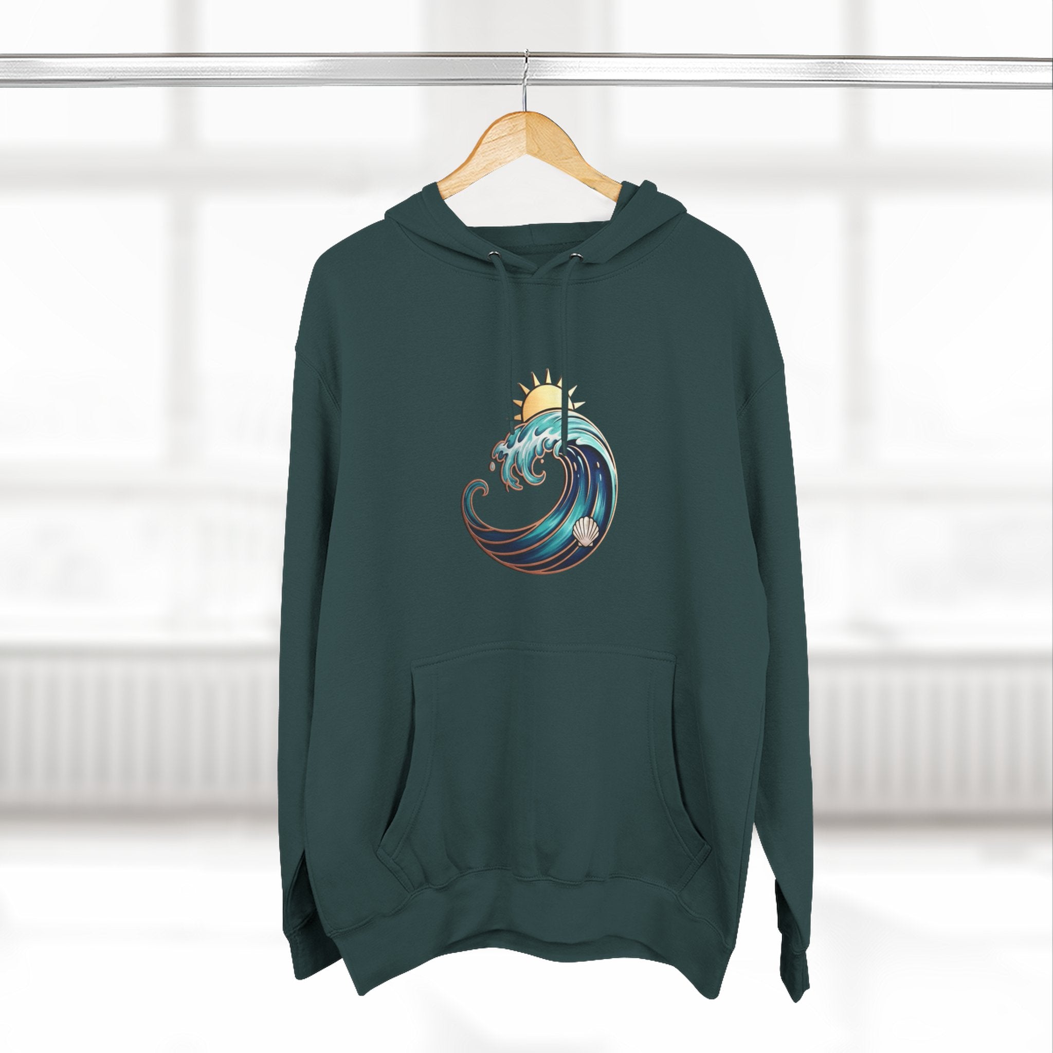 Ocean Wave and Rainbow Fleece Hoodie, Cozy Hoodie, Nature Lover Gift, Outdoor Apparel, Graphic Sweatshirt, Summer Vibes