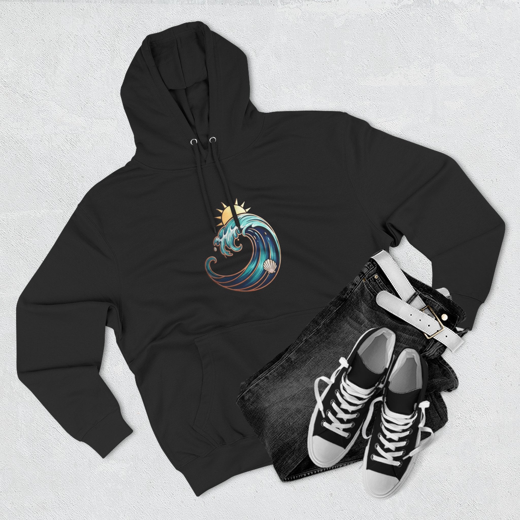 Ocean Wave and Rainbow Fleece Hoodie, Cozy Hoodie, Nature Lover Gift, Outdoor Apparel, Graphic Sweatshirt, Summer Vibes