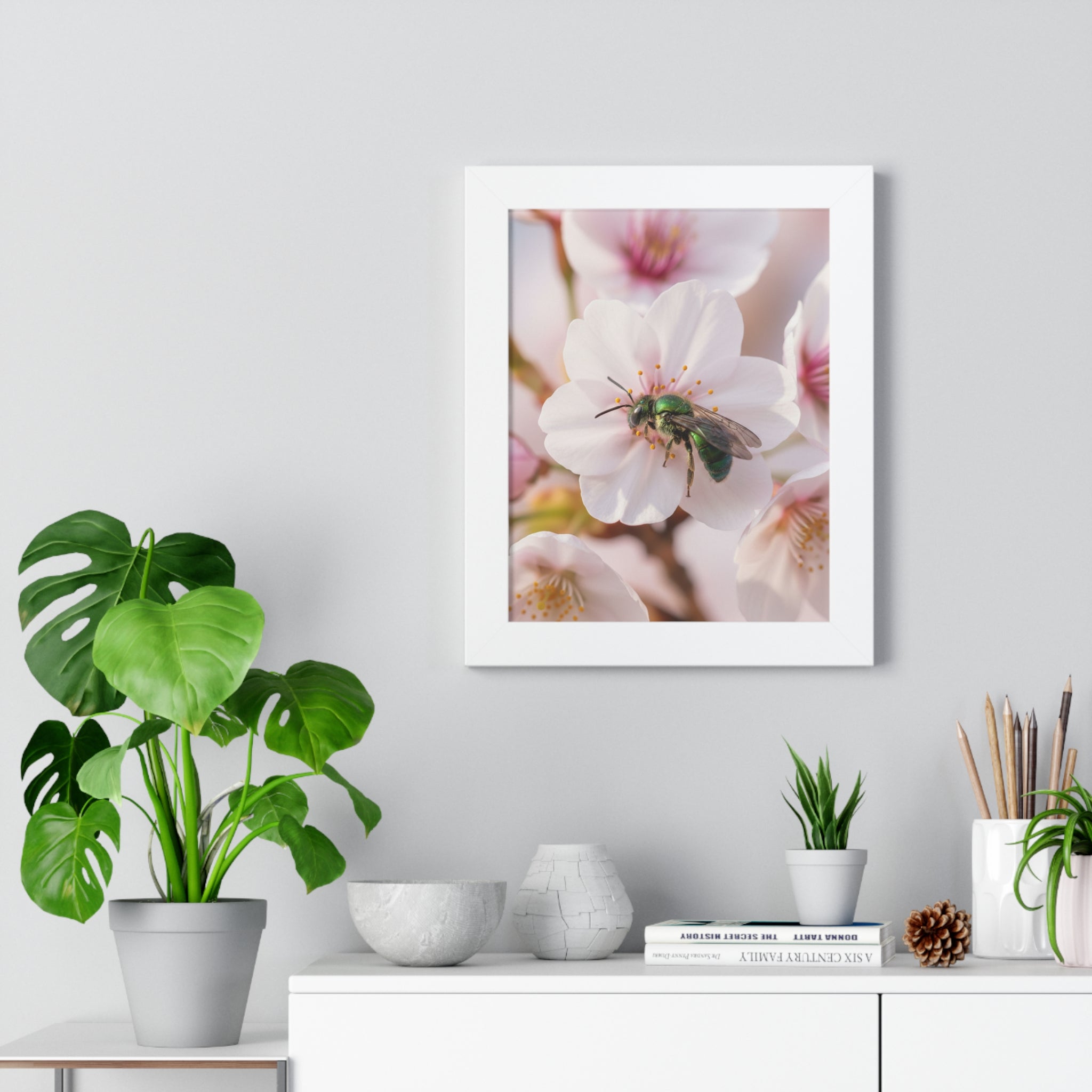 Floral Bee Framed Vertical Poster, Nature Wall Art, Home Decor, Spring Aesthetic, Gift for Nature Lovers, Botanical Print