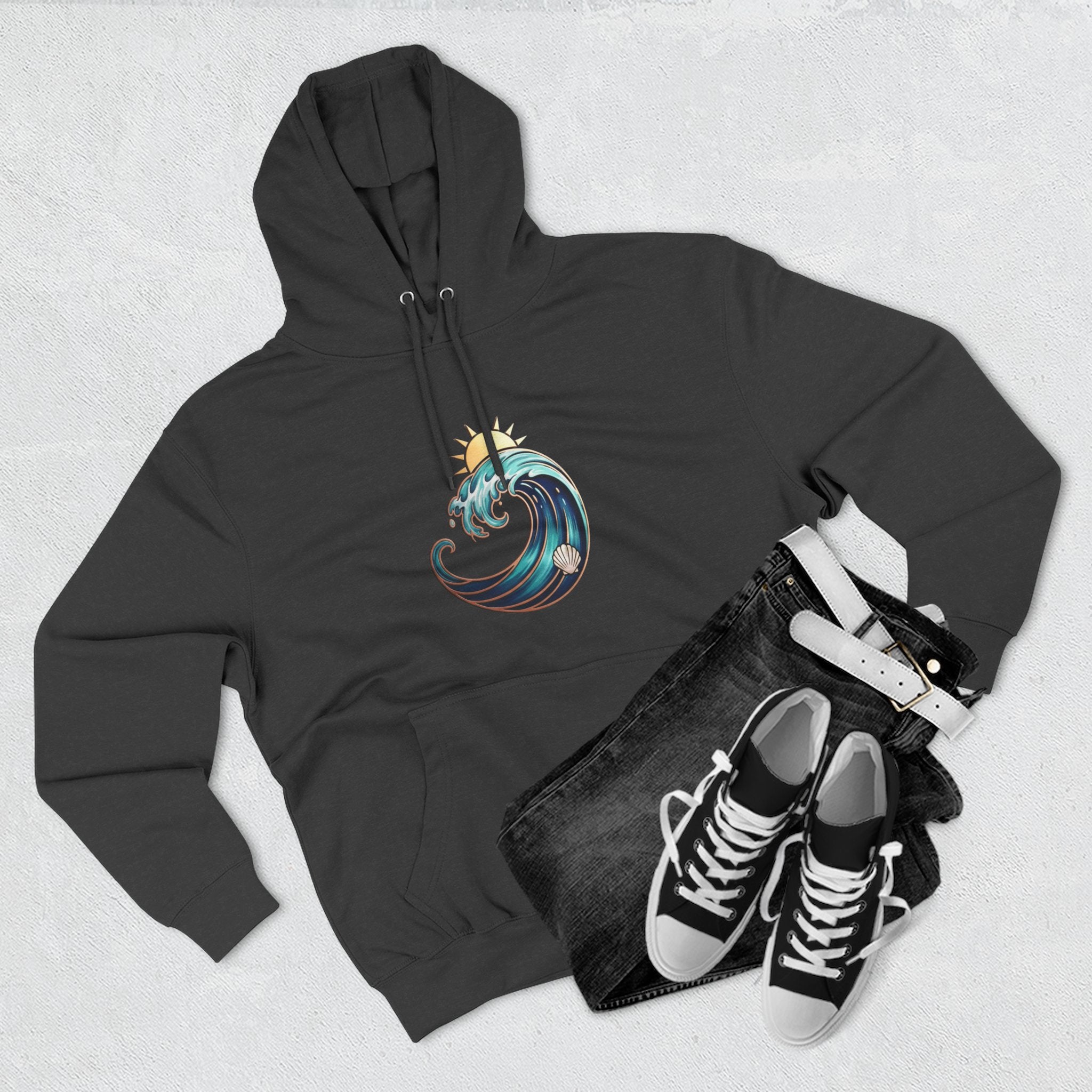 Ocean Wave and Rainbow Fleece Hoodie, Cozy Hoodie, Nature Lover Gift, Outdoor Apparel, Graphic Sweatshirt, Summer Vibes