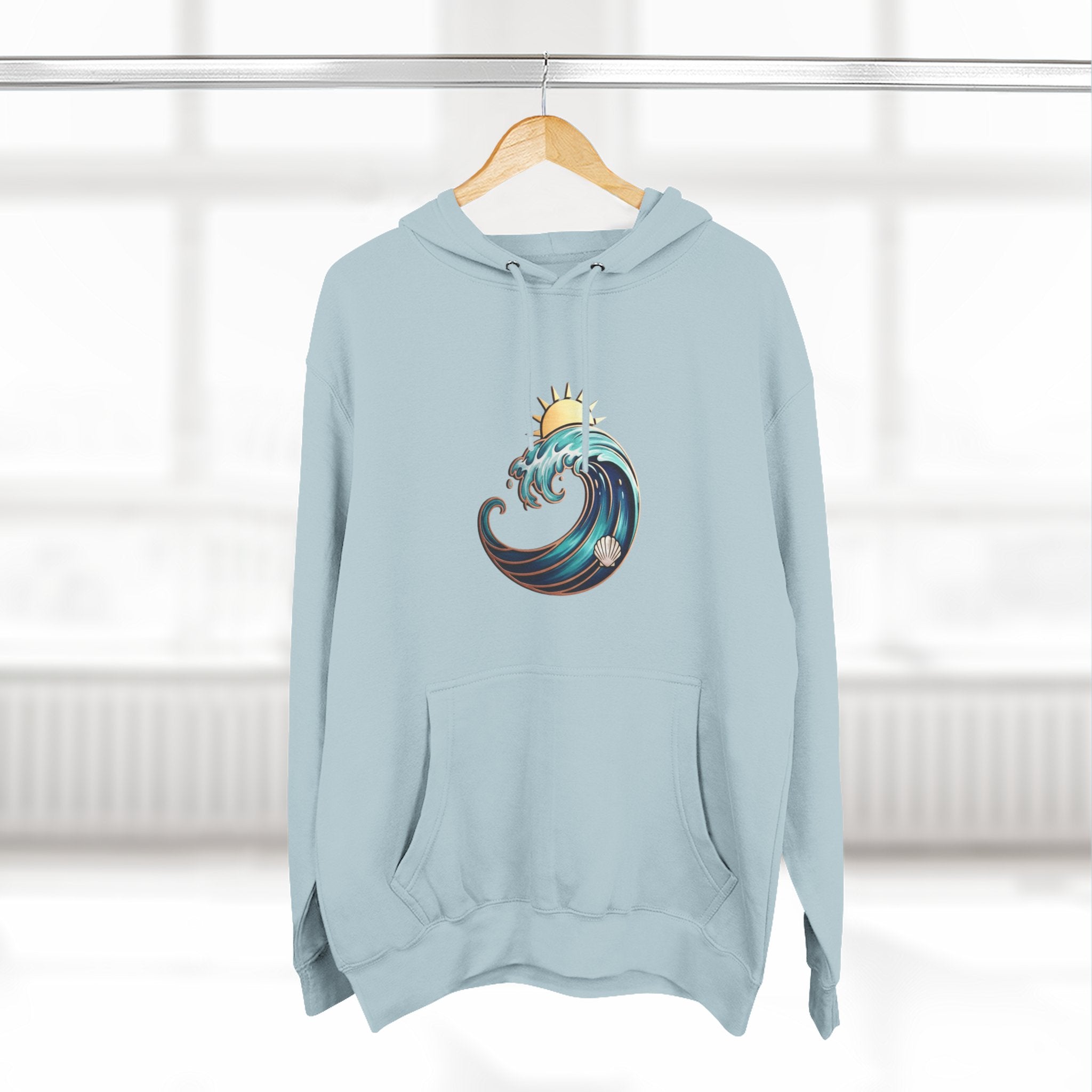 Ocean Wave and Rainbow Fleece Hoodie, Cozy Hoodie, Nature Lover Gift, Outdoor Apparel, Graphic Sweatshirt, Summer Vibes