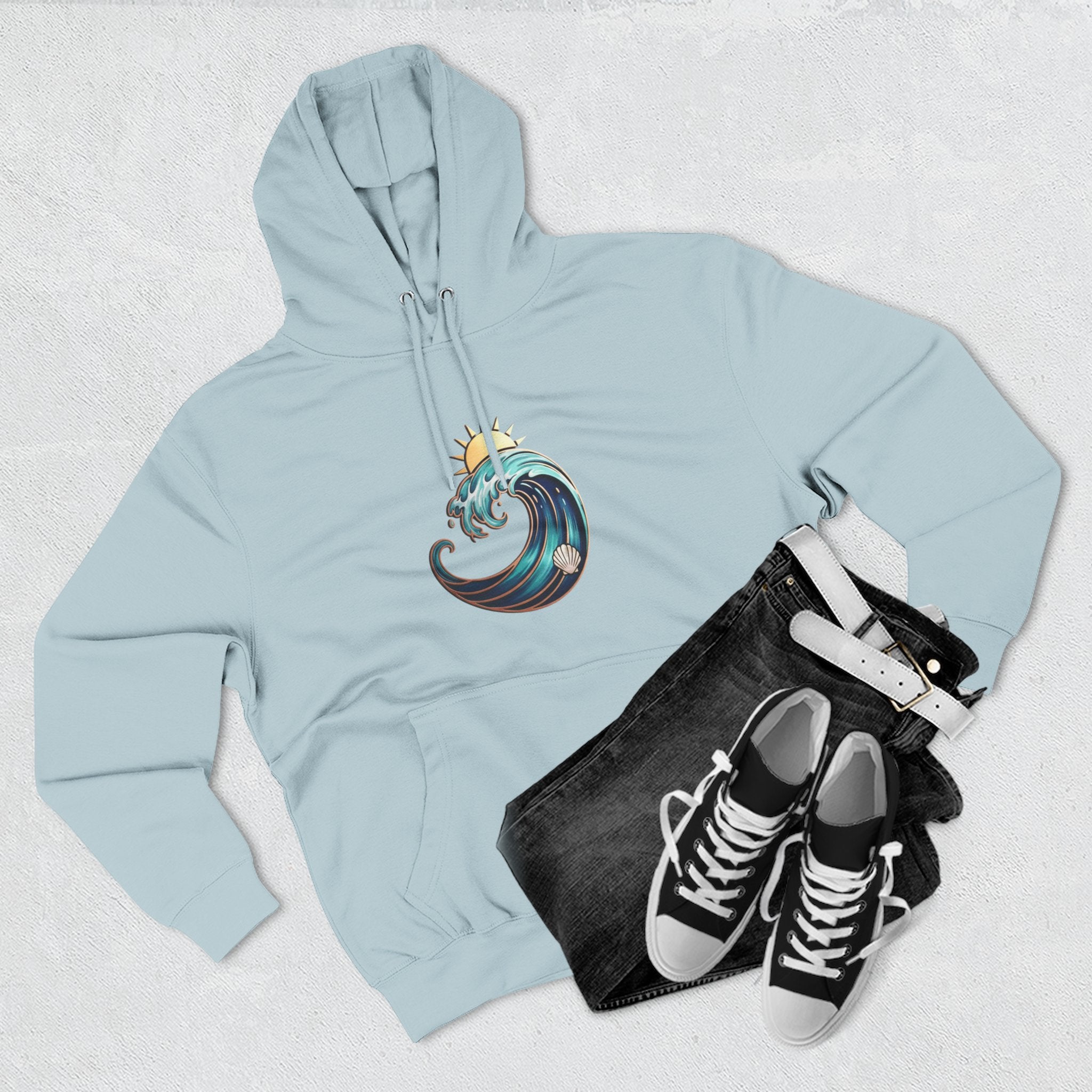 Ocean Wave and Rainbow Fleece Hoodie, Cozy Hoodie, Nature Lover Gift, Outdoor Apparel, Graphic Sweatshirt, Summer Vibes