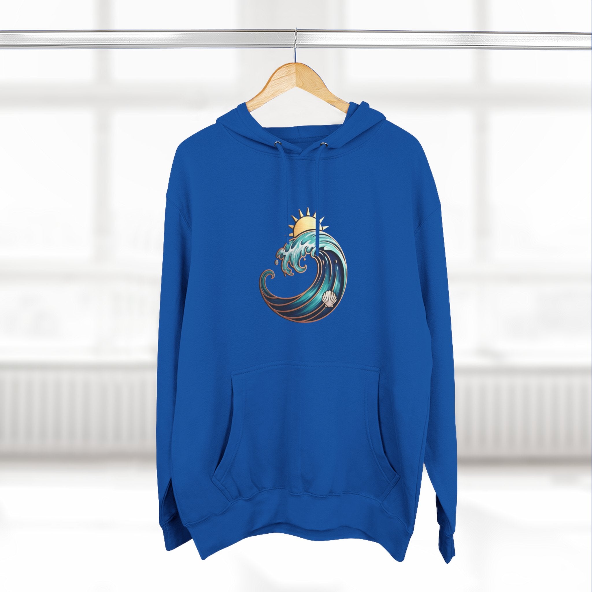 Ocean Wave and Rainbow Fleece Hoodie, Cozy Hoodie, Nature Lover Gift, Outdoor Apparel, Graphic Sweatshirt, Summer Vibes