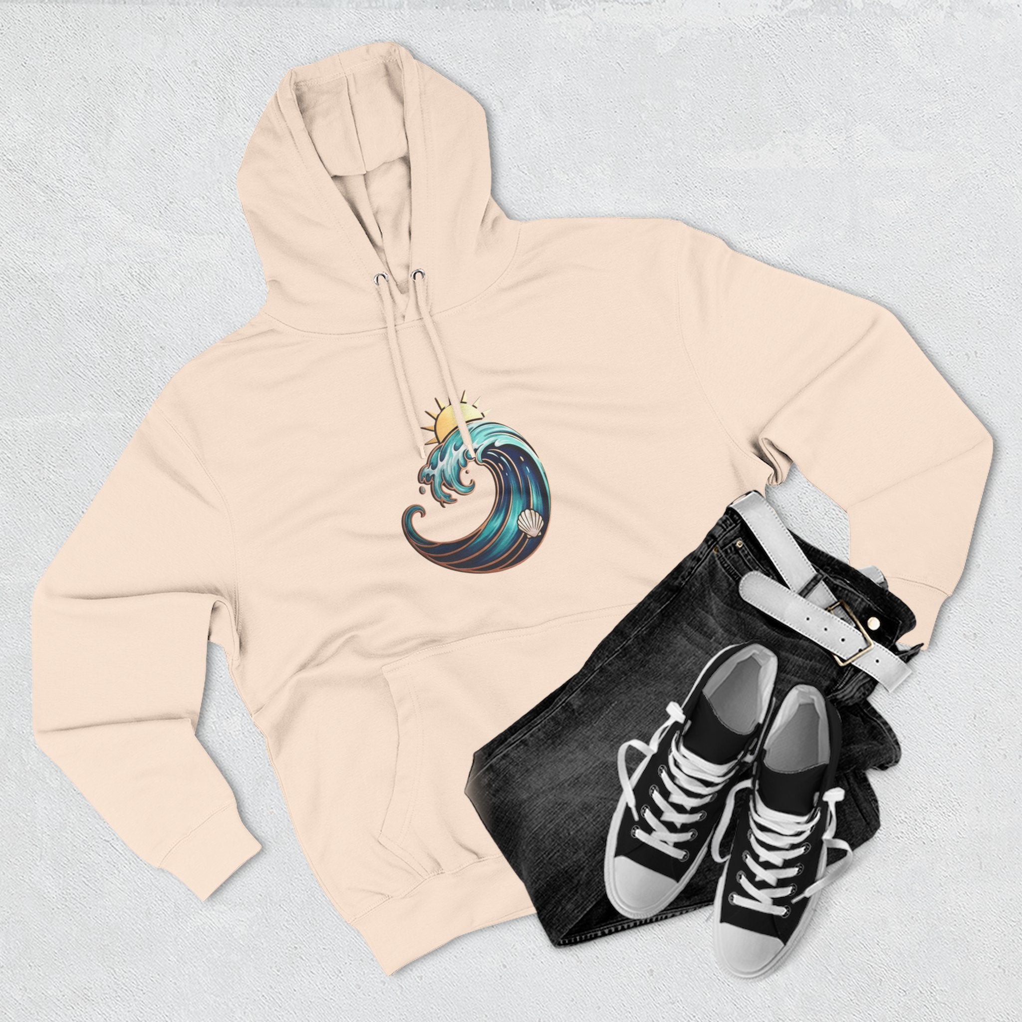 Ocean Wave and Rainbow Fleece Hoodie, Cozy Hoodie, Nature Lover Gift, Outdoor Apparel, Graphic Sweatshirt, Summer Vibes