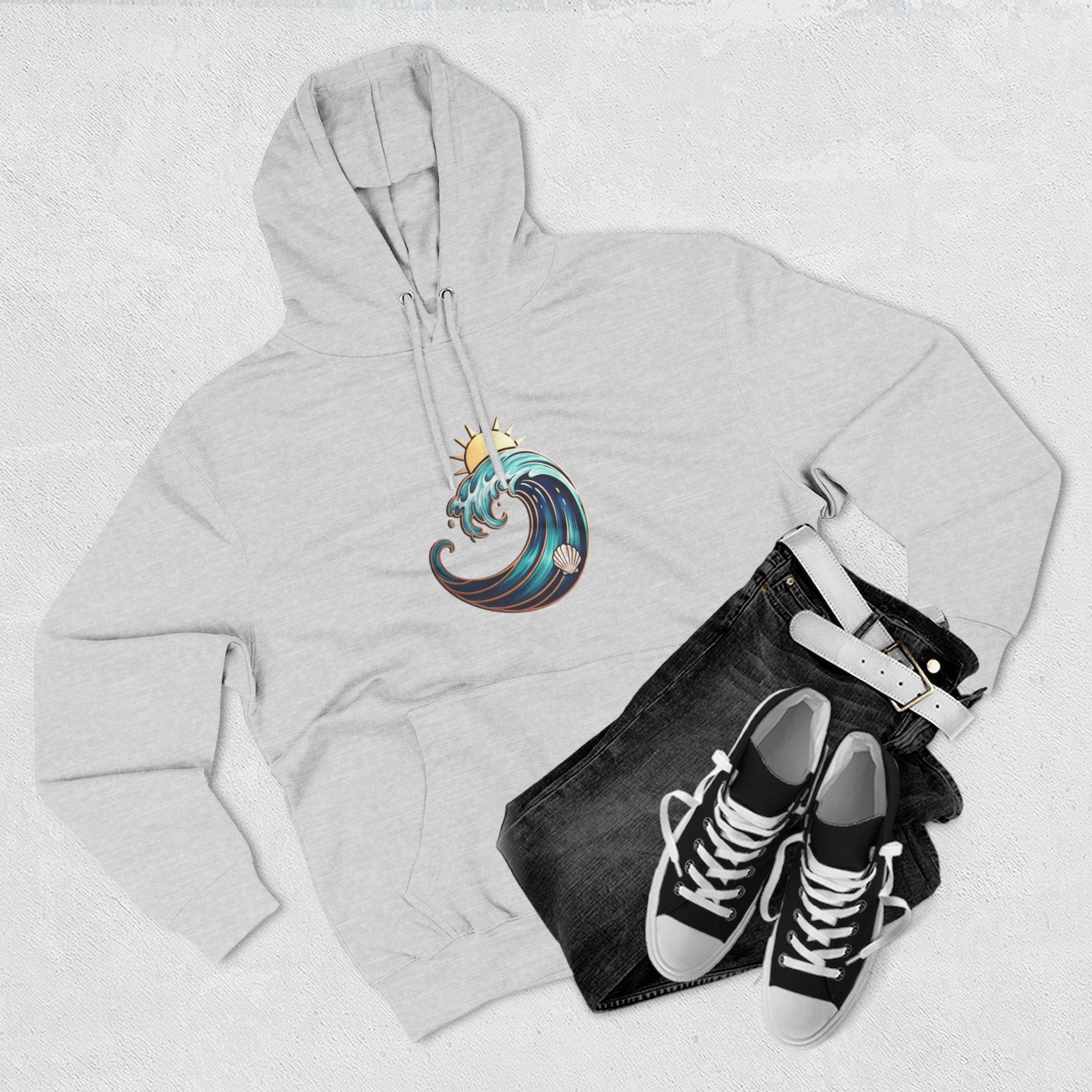 Ocean Wave and Rainbow Fleece Hoodie, Cozy Hoodie, Nature Lover Gift, Outdoor Apparel, Graphic Sweatshirt, Summer Vibes