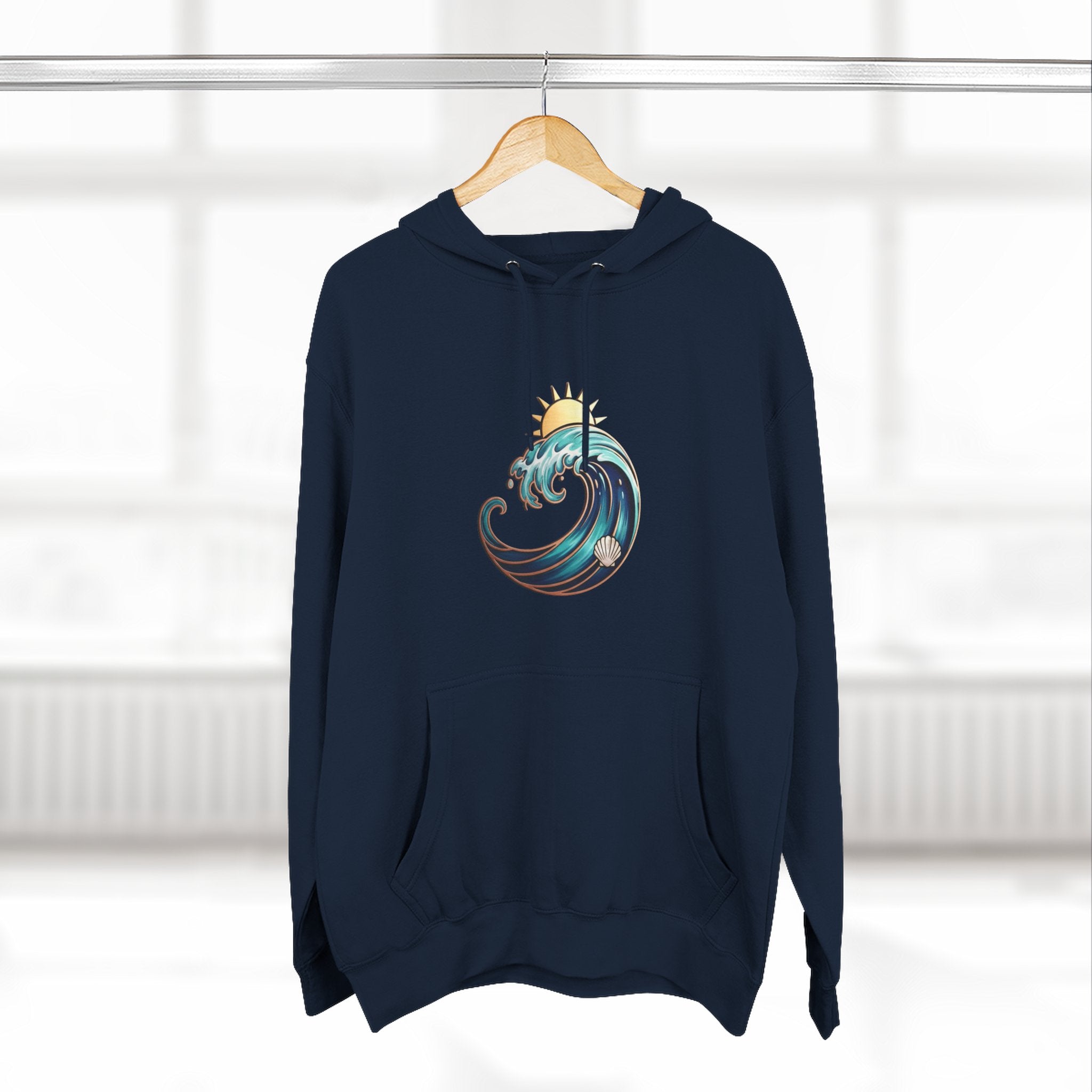 Ocean Wave and Rainbow Fleece Hoodie, Cozy Hoodie, Nature Lover Gift, Outdoor Apparel, Graphic Sweatshirt, Summer Vibes