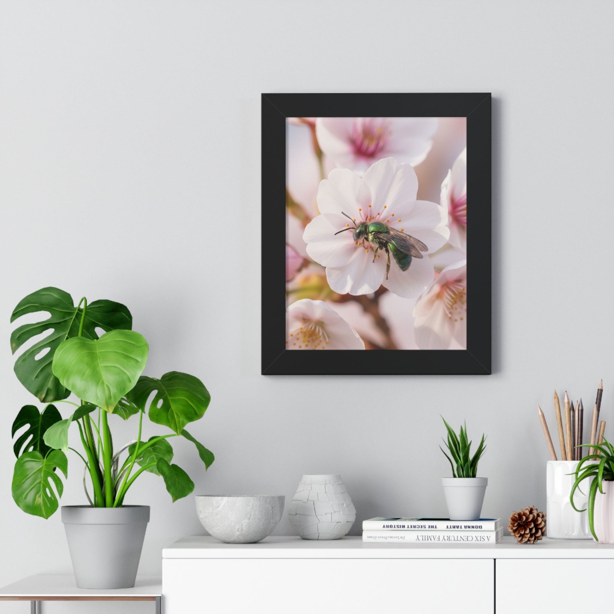 Floral Bee Framed Vertical Poster, Nature Wall Art, Home Decor, Spring Aesthetic, Gift for Nature Lovers, Botanical Print