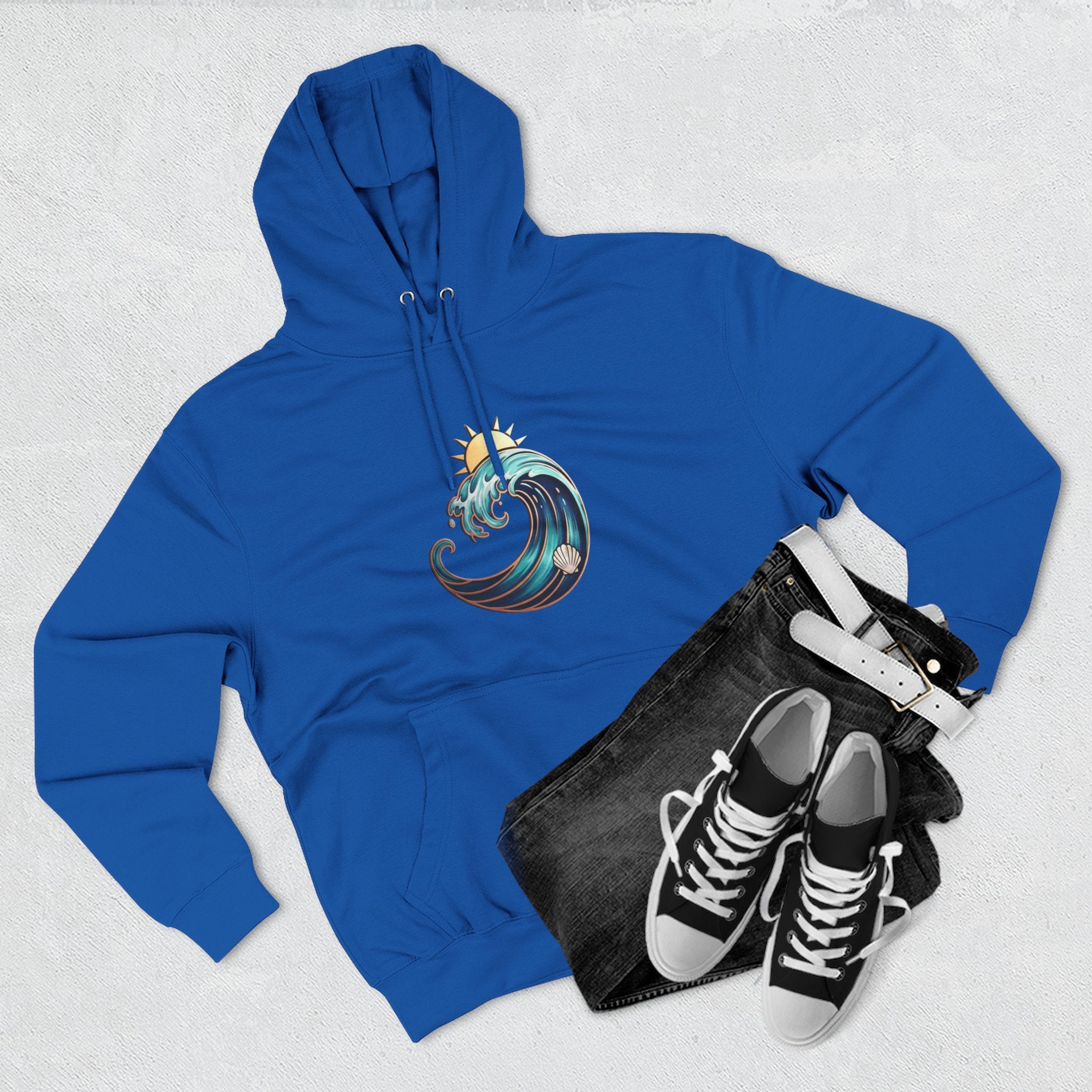 Ocean Wave and Rainbow Fleece Hoodie, Cozy Hoodie, Nature Lover Gift, Outdoor Apparel, Graphic Sweatshirt, Summer Vibes