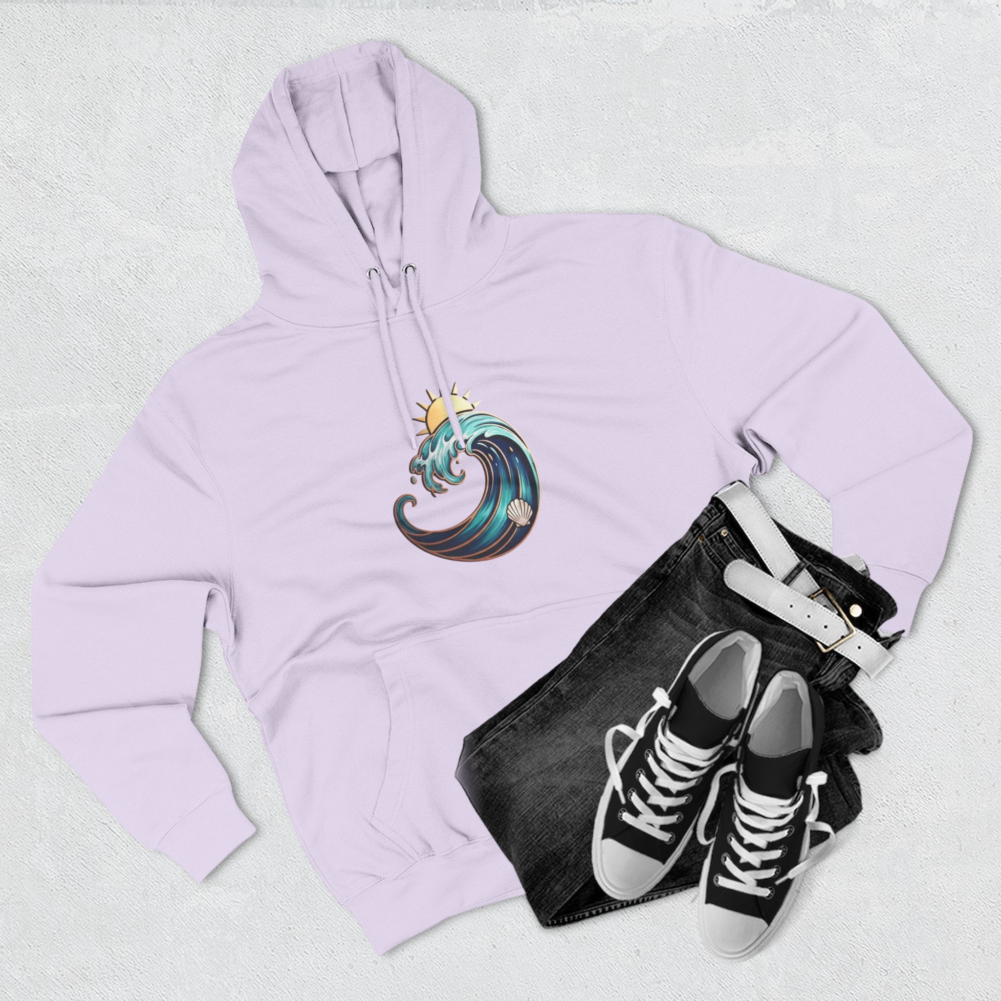 Ocean Wave and Rainbow Fleece Hoodie, Cozy Hoodie, Nature Lover Gift, Outdoor Apparel, Graphic Sweatshirt, Summer Vibes